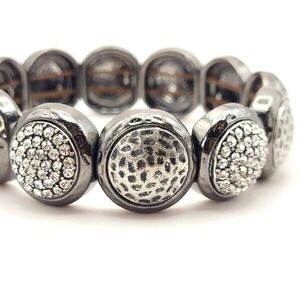 Gunmetal Gray Metal Discs Alternating Hammered and Rhinestone Stretch Bracelet‎
